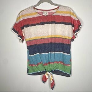 Tru Self Stripe Ruffle Sleeve Waist Tie Top S